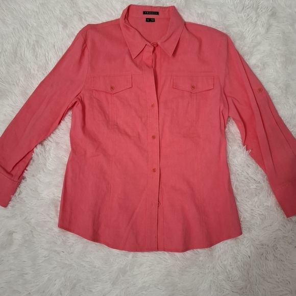 Theory Linen Blend Button Up Shirt Size XL Pink Roll Tab Sleeves Pockets - Picture 7 of 8